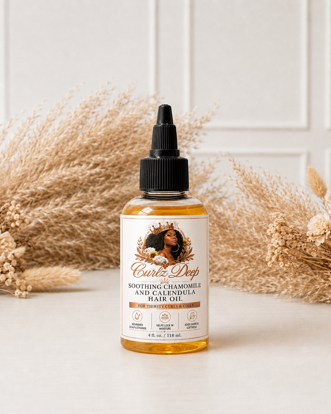 Curlz Deep Soothing Chamomile and Calendula Hair Oil in a warm neutral floral setting