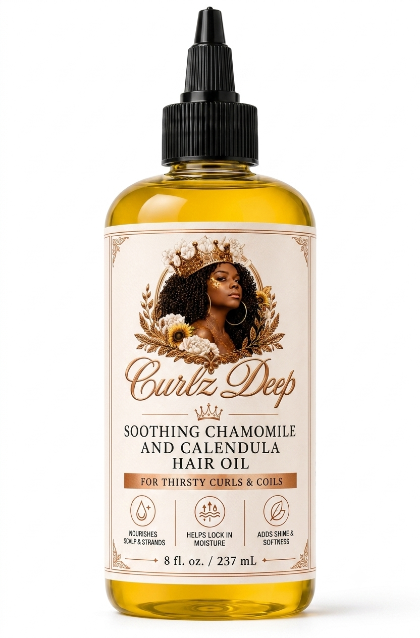 Curlz Deep Soothing Chamomile and Calendula Hair Oil product bottle on a clean white background