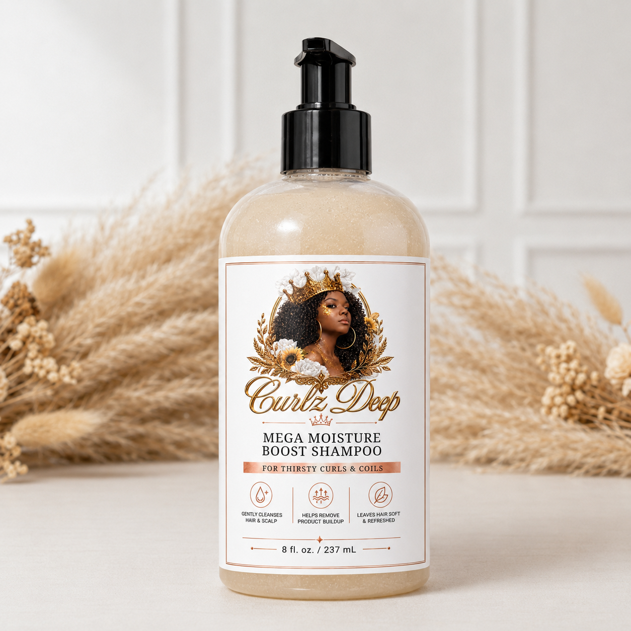 Curlz Deep Mega Moisture Boost Shampoo in a warm neutral pampas grass setting